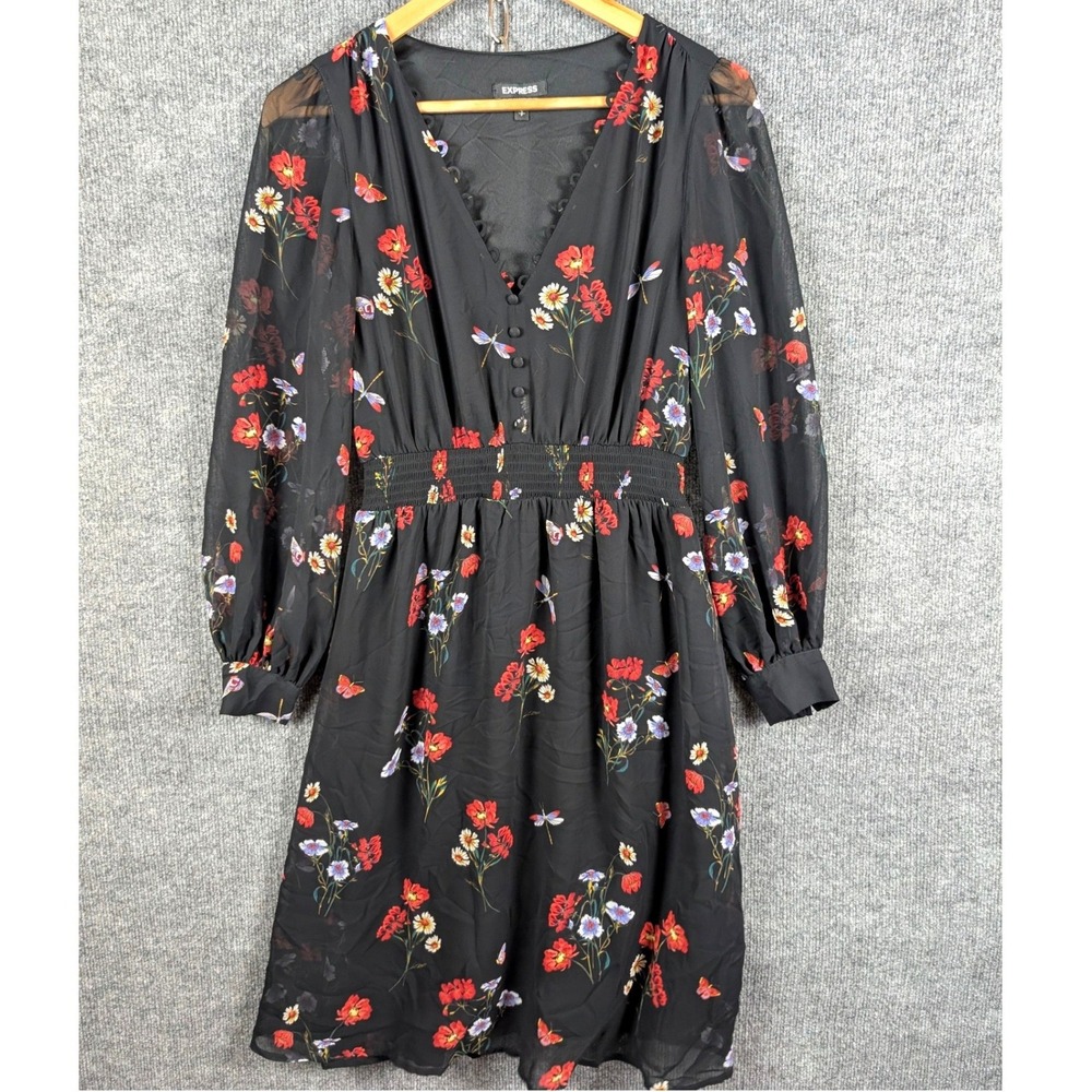Express Black Butterfly Dragonfly Dress S Botanical Button Front Sheer Sleeves